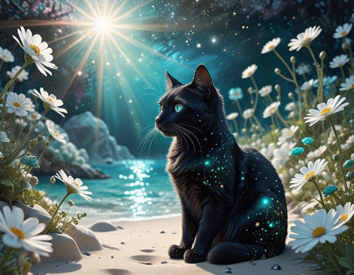Surreal Cosmic Cat Amidst Glowing Flowers and Shimmering Wav...