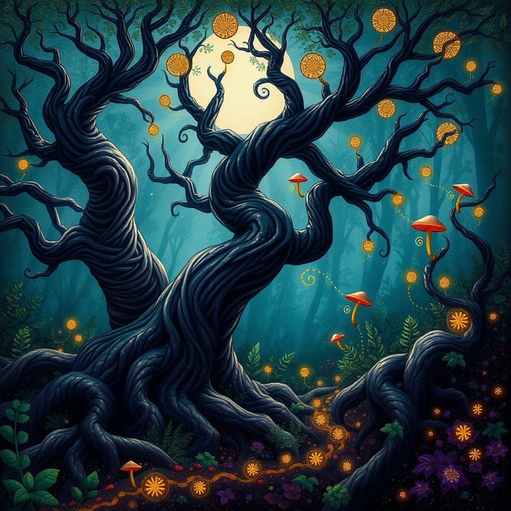 Enchanted Forest with Spiraling Trees in Pointillist Style