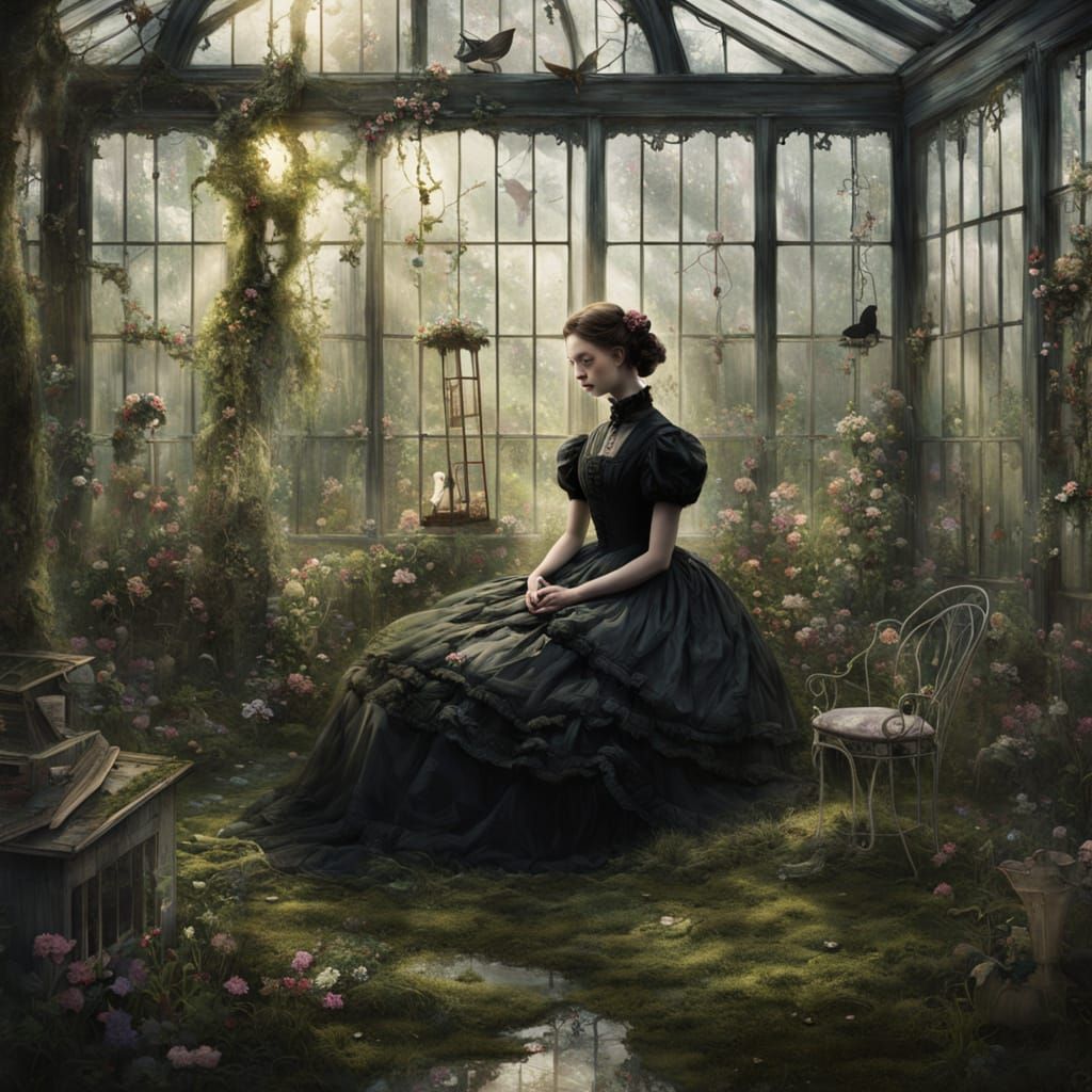 Weathered Marionette in Overgrown Greenhouse: Painterly Real...