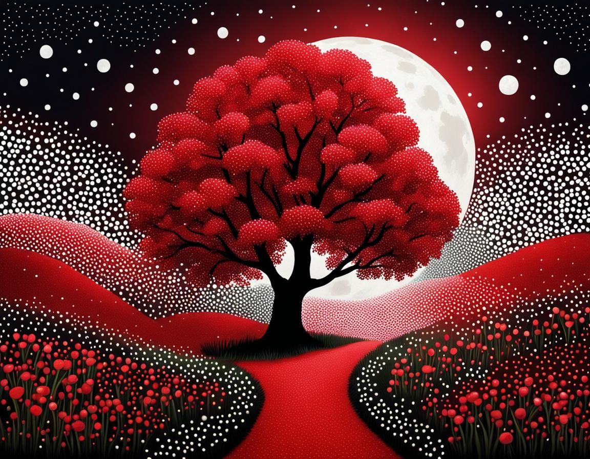 Pointillist Landscape with Fairy House and Red Tree