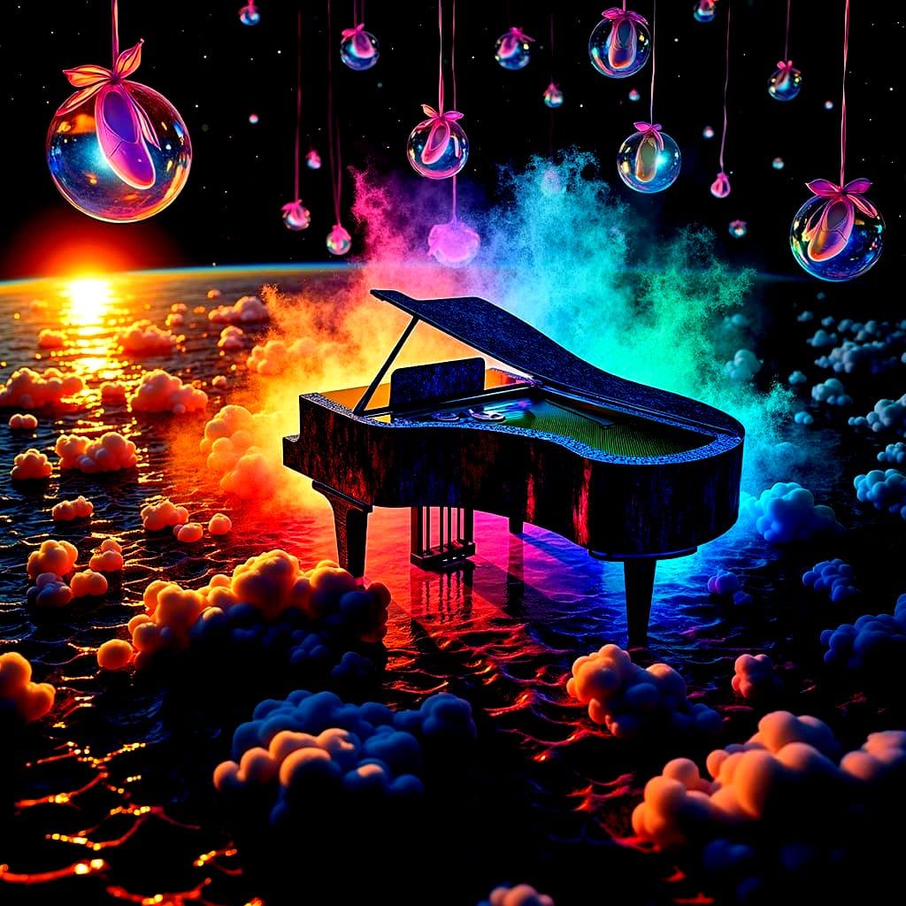 Obsidian Piano in Dreamscape, Photorealistic Rendering