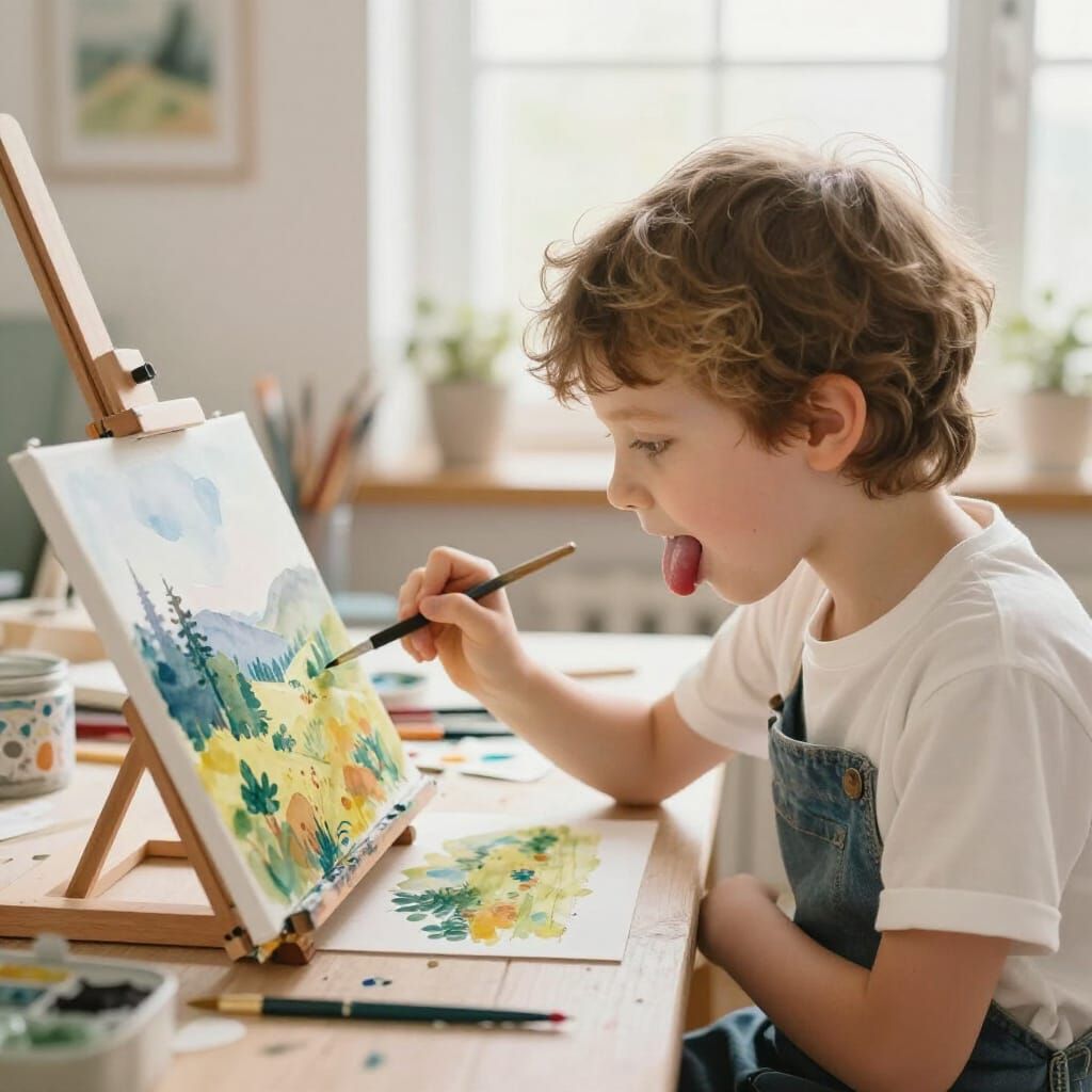 Whimsical Watercolor of Artist Painting Miniature Landscape