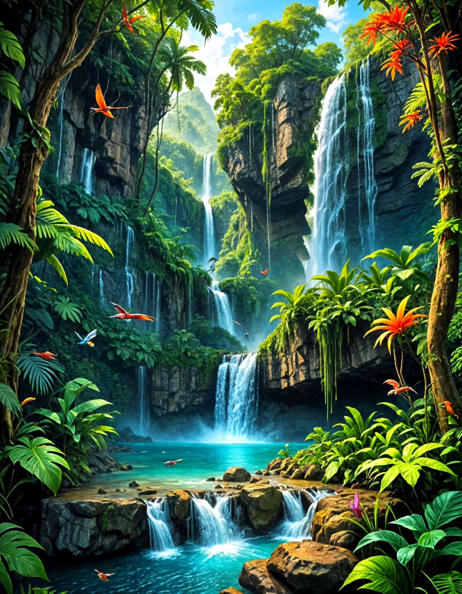 Vibrant Jungle Waterfall in Fantasy Style