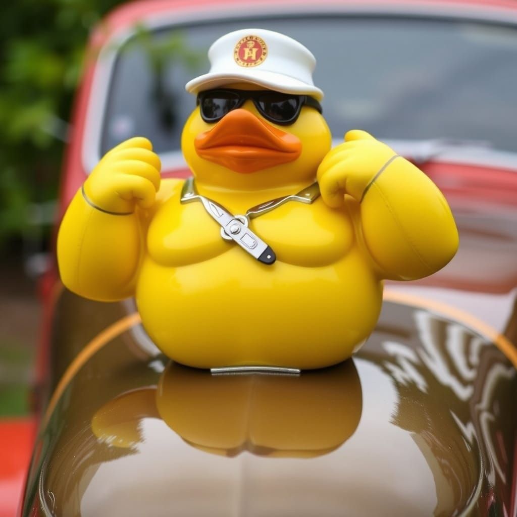 Muscular Rubber Duck Hood Ornament in Retro Style