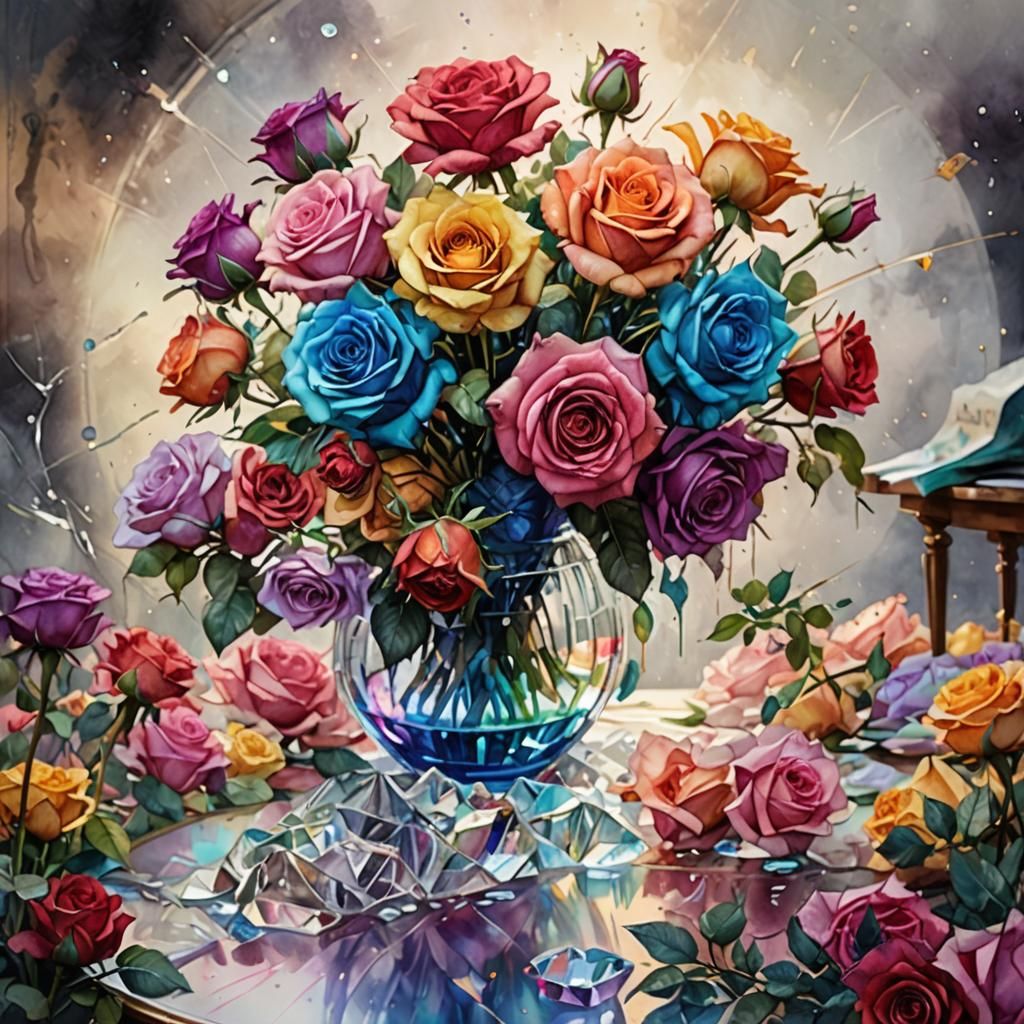 Colorful Roses in Crystal Vase: Watercolor Painting