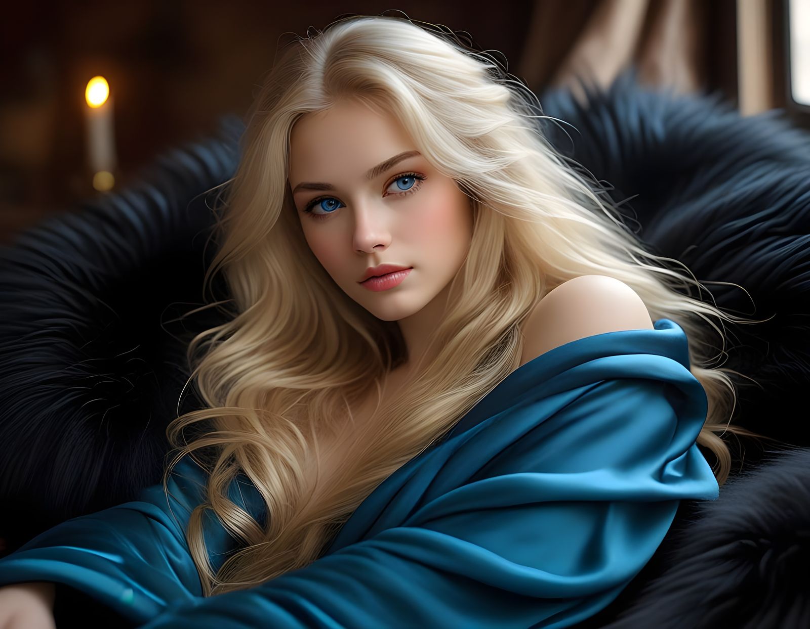 Nordic Goddess Contemplating Among Furs in Midnight Attire