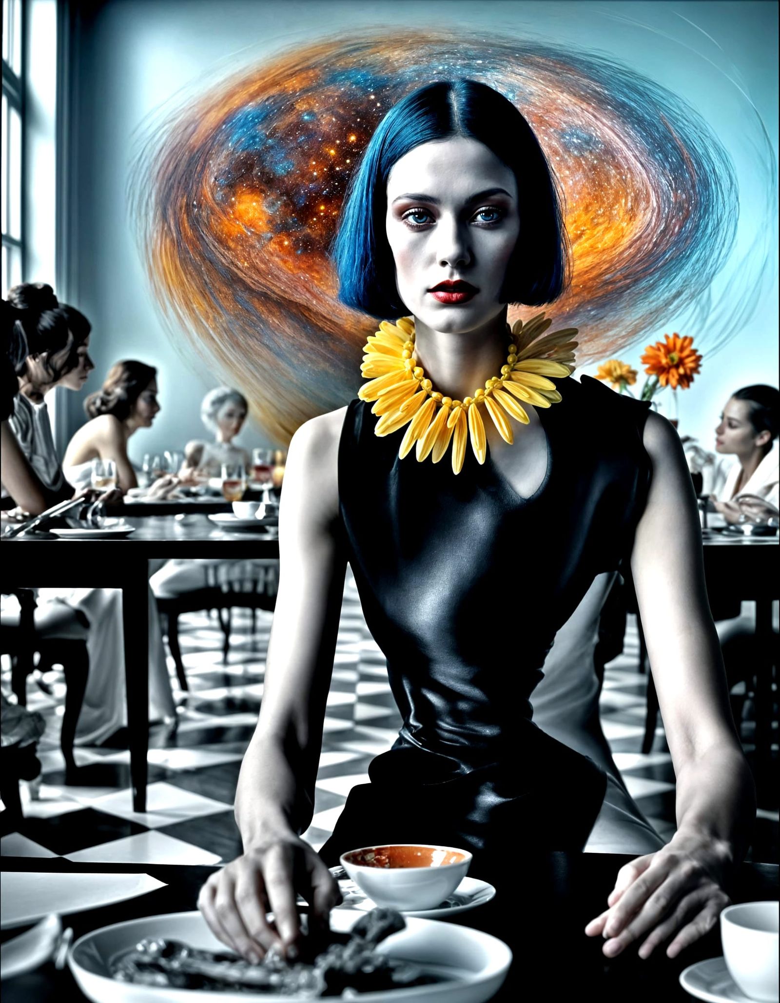 Alien at Table: Hyperrealistic Polychromatic Digital Art