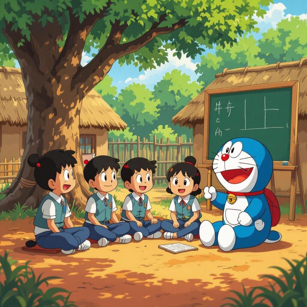 Nobita and Friends in a Ghibli-esque Village Classroom