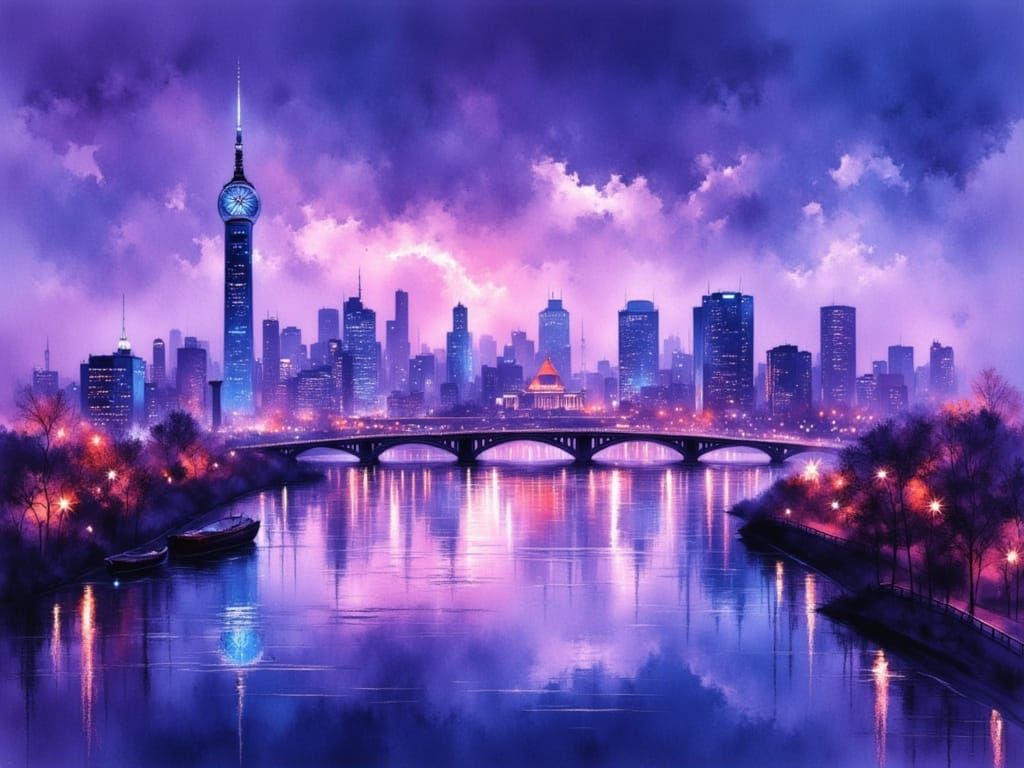 Seoul at Twilight: Luminous Watercolor Cityscape