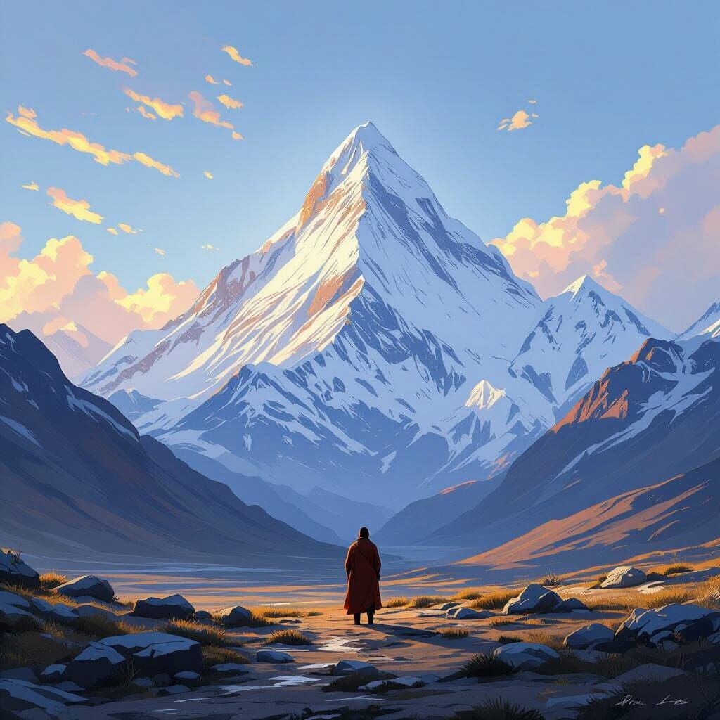 Lone Figure Gazes at Majestic Mount Kailash at Dawn