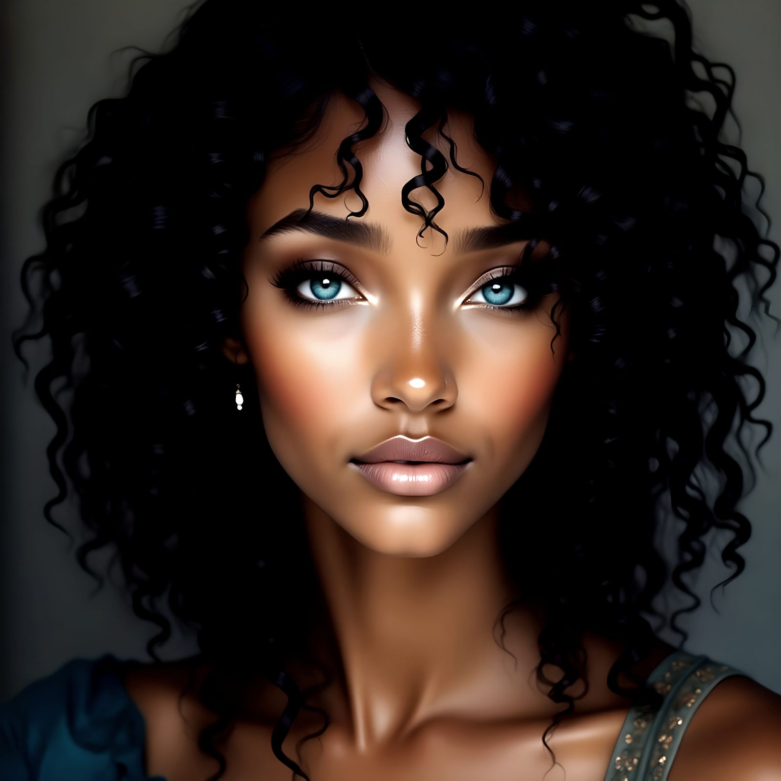 Woman with blue eyes curly black hair