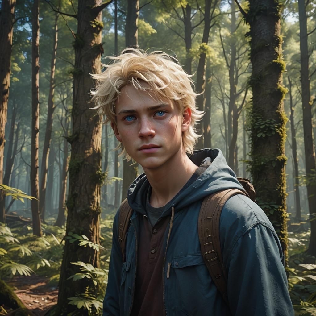 Blond Boy in Forest: Detailed Matte Painting