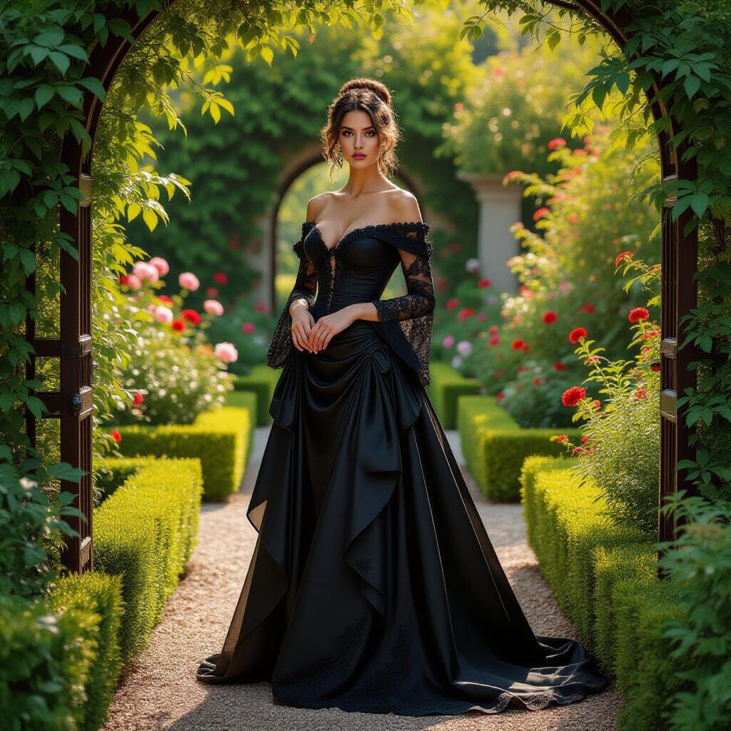 Mysterious Woman in Baroque Garden, Silk and Lace Gown