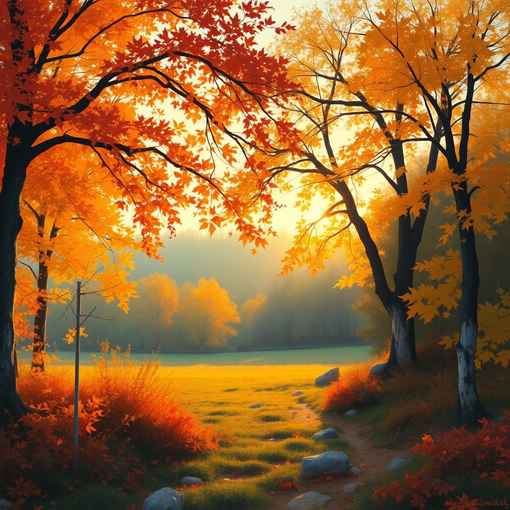 Autumn Landscape at Dawn in Impressionist Style