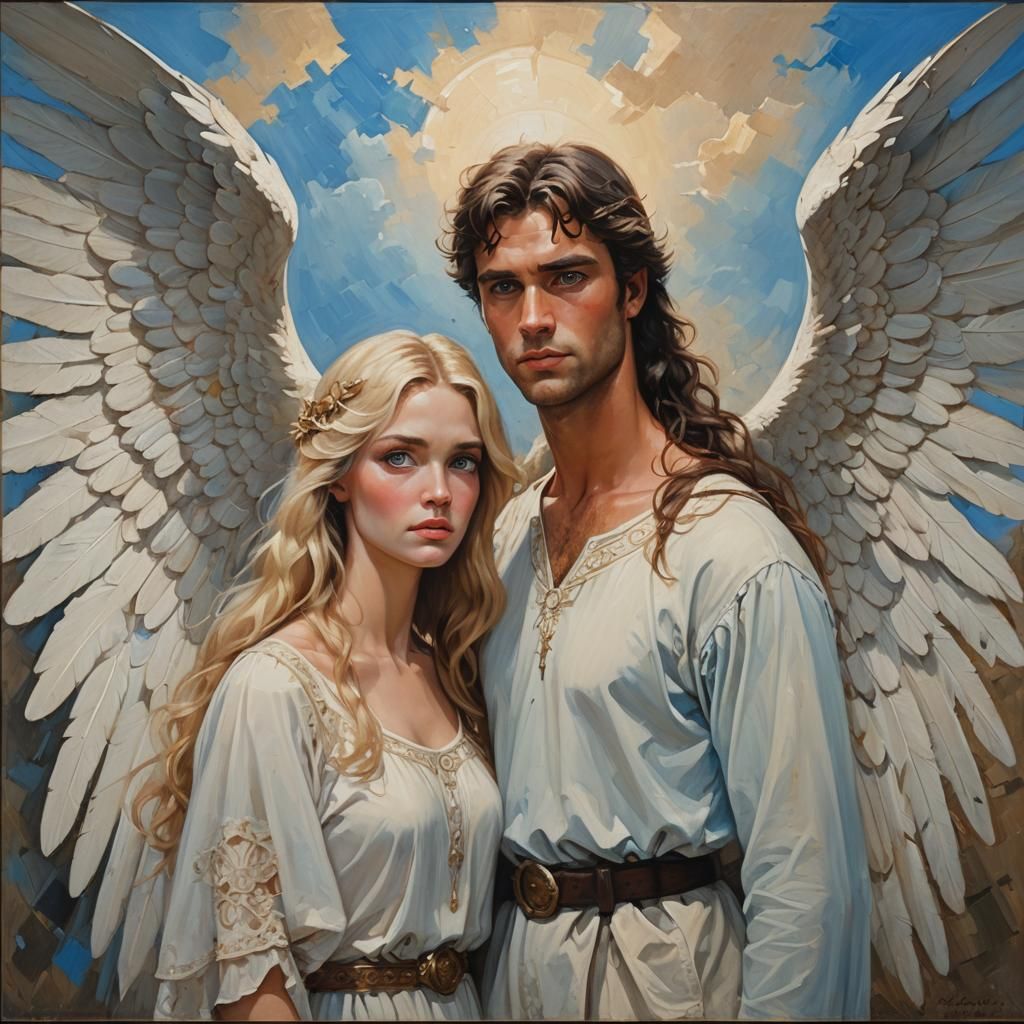 Angelic Pair with Wings, in an Illustrative Style
