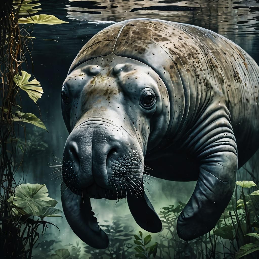 Lonely Amazon Manatee in Abstract Watercolor