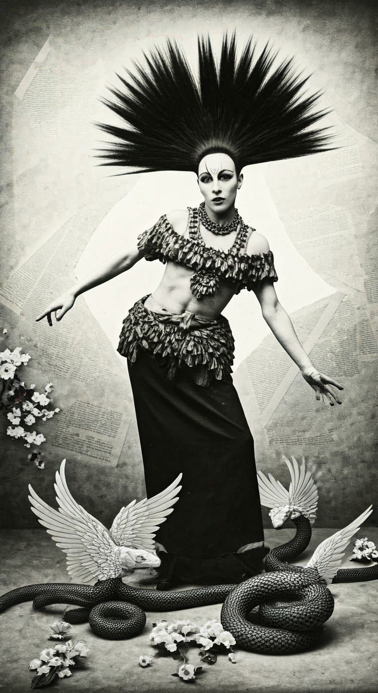 Monochrome Photogram Portrait with Serpents in Dada Style