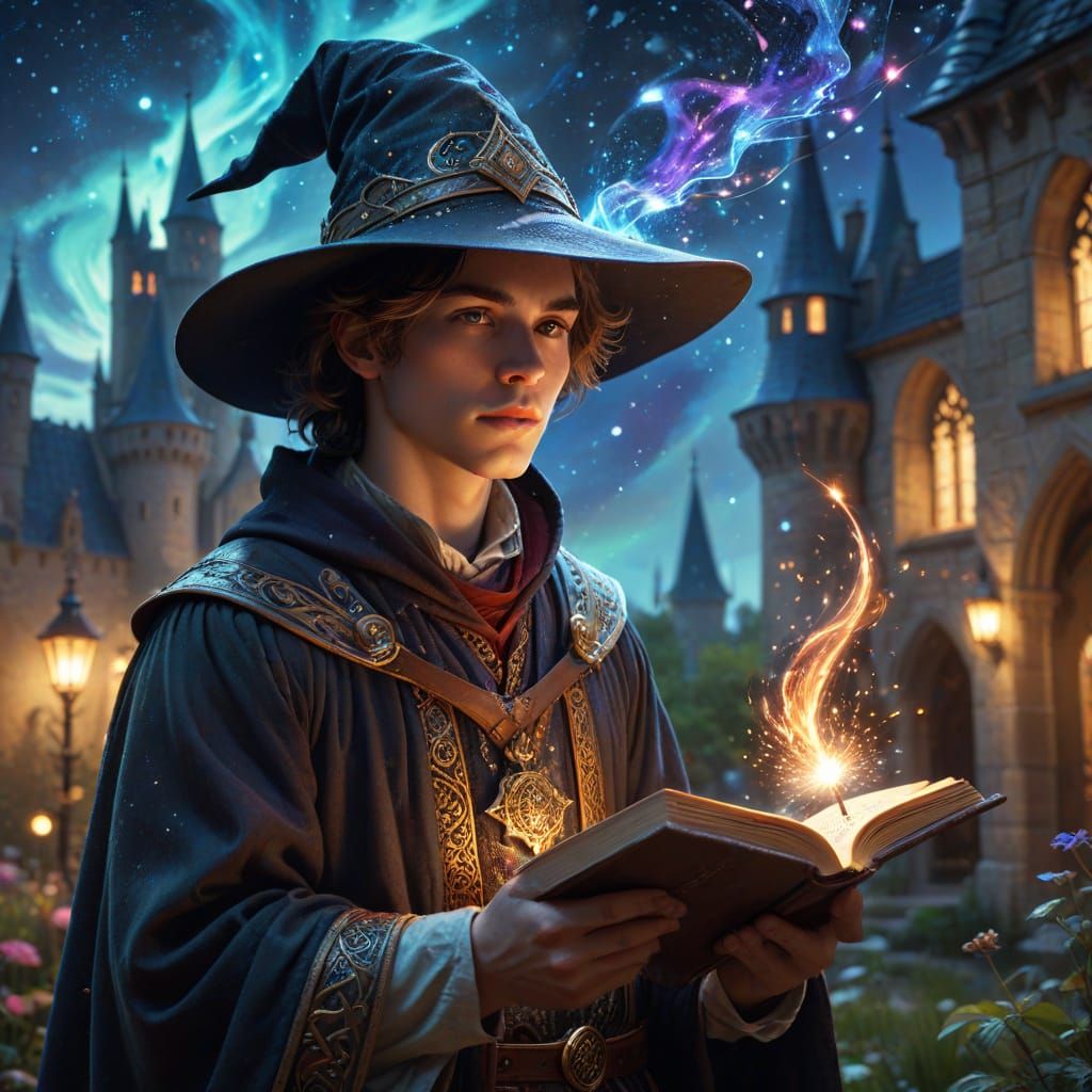 Wizard Apprentice Chanting Incantations in Castle Garden