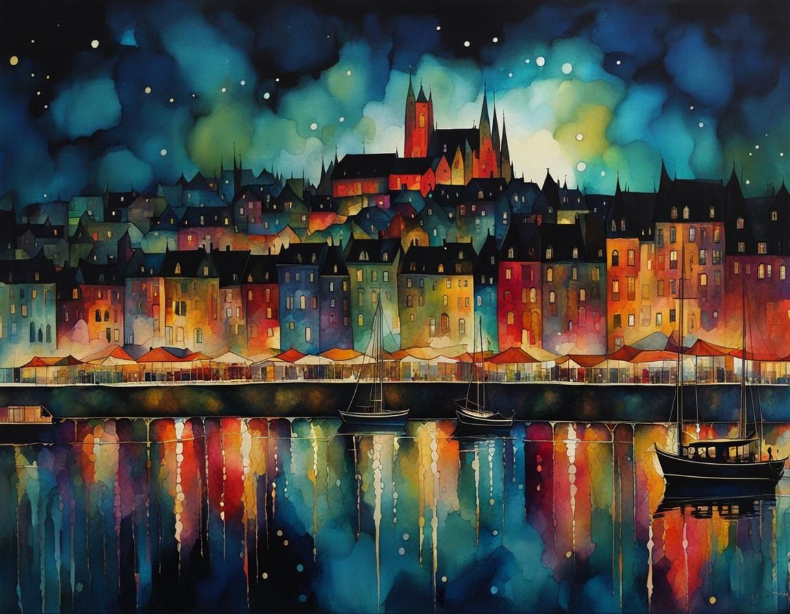 Enchanting Cityscape at Night in Cubist Style