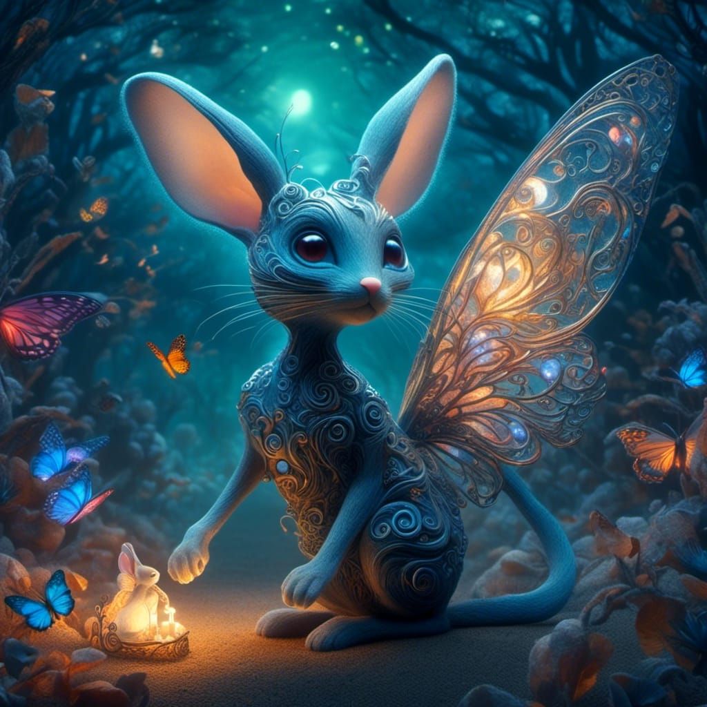 <lora:Blue Period:1.0> a diaphanous cat-like fairy rabbit fe...