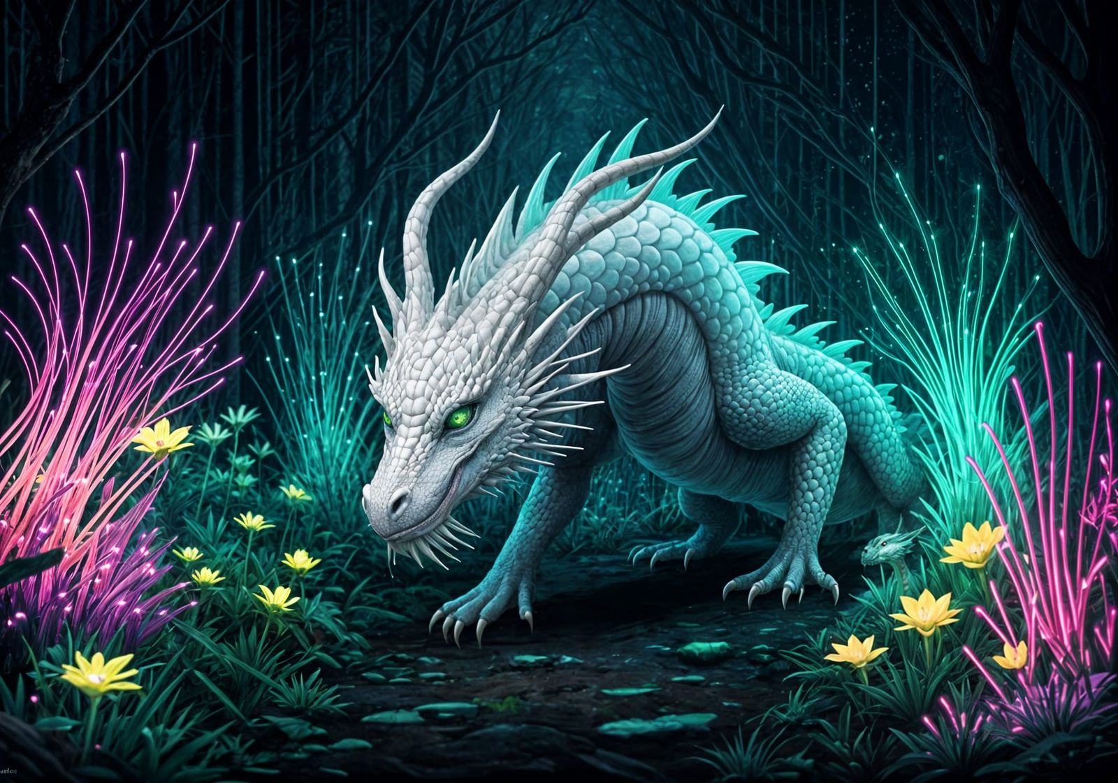 White Dragon in Bioluminescent Forest