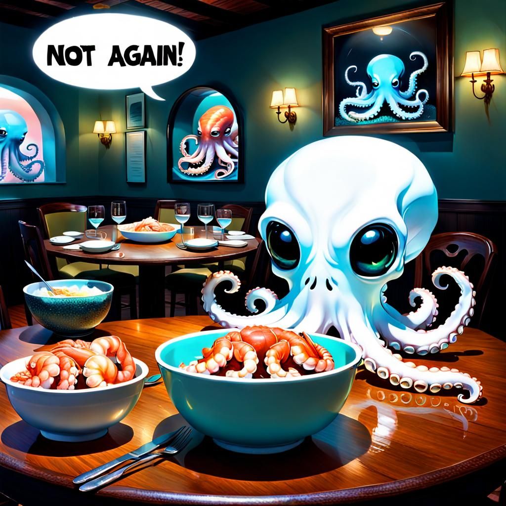 Baby Octopus Glaring at Prawns in Pulp Style