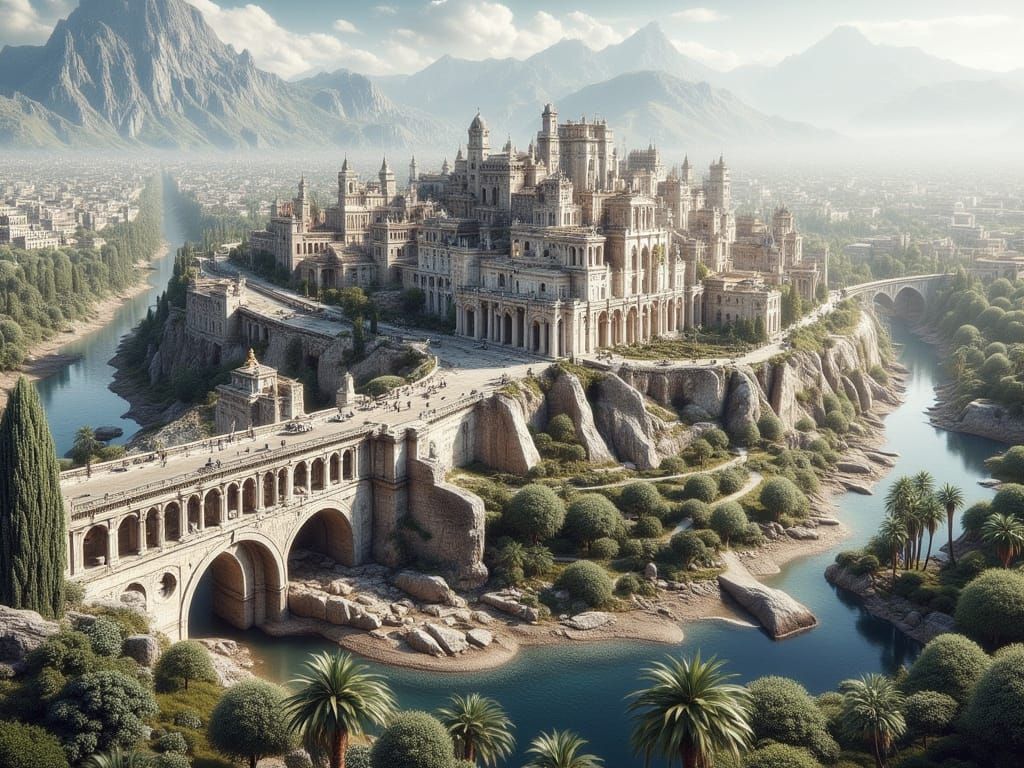 Ancient Rome Bridge on Floating Islands in Fantasy City