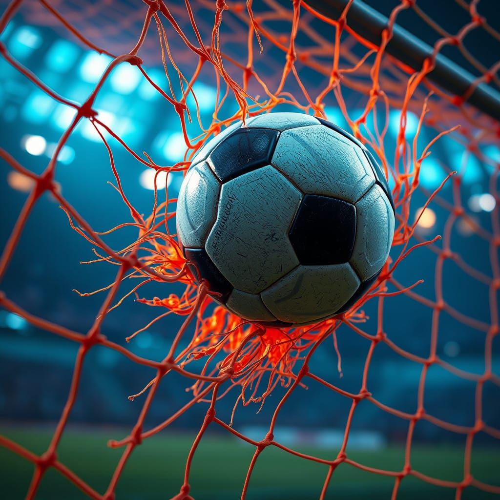Soccer Ball Enters Fantasy Soccer Net in Vibrant, Detailed S...