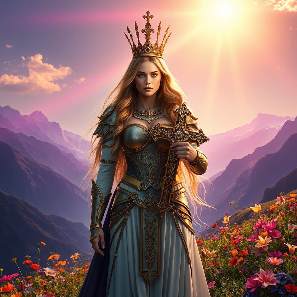 Surreal Goddess of Valor Amidst Ethereal Valley