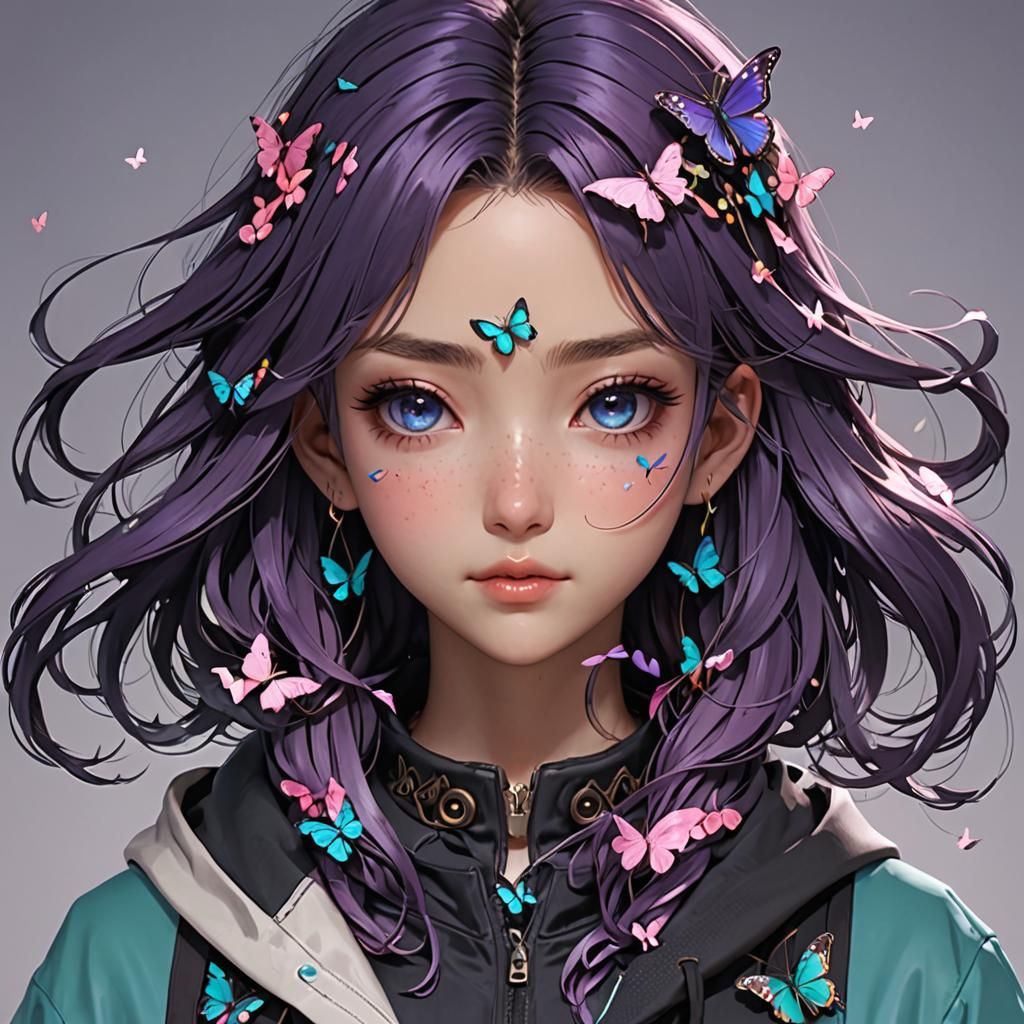 Turquoise Butterflies on Violet and Pink Background