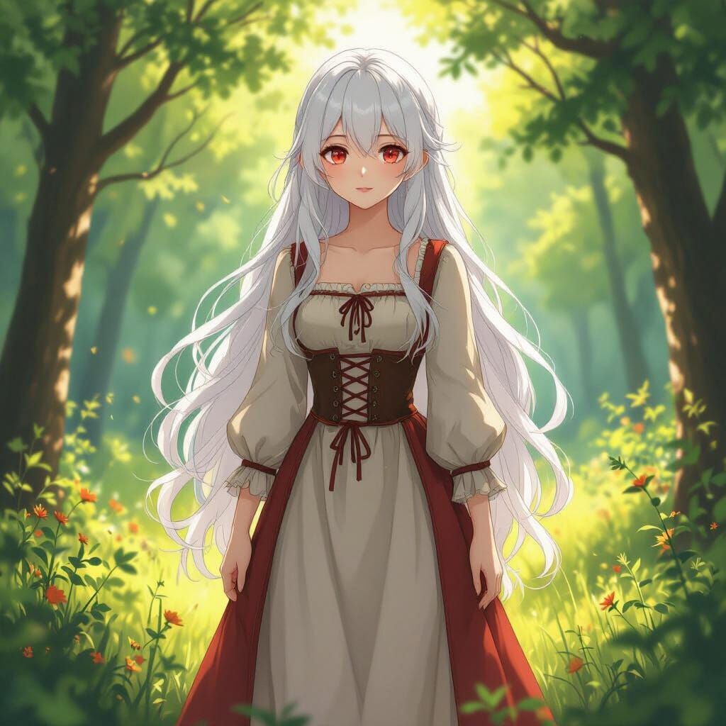 Anime Girl in Medieval Dress in Forest