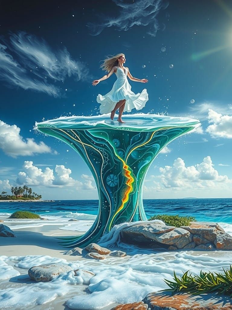 Ethereal Goddess on Crystal Waterfall in Tropical Oasis