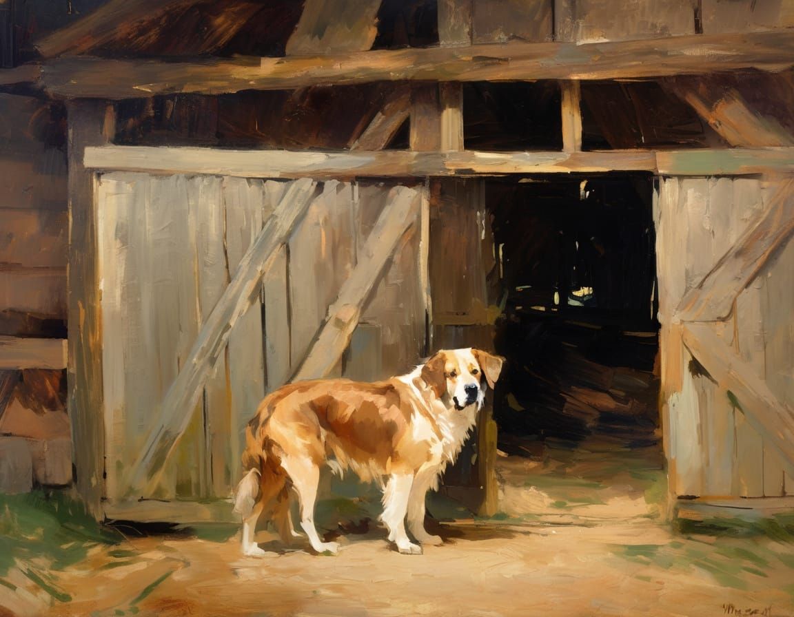 Impressionist Dog in Rustic Barn Oil Painting