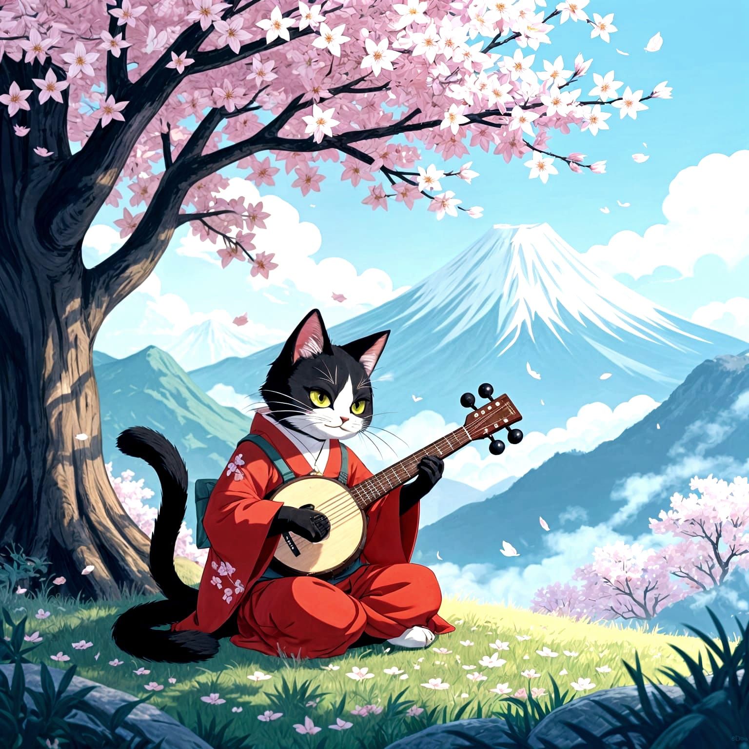 Bakeneko Cat's Shamisen Serenade Under Cherry Blossoms