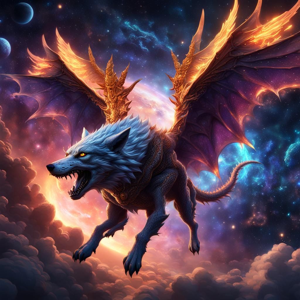 Wolf with Dragon Wings Galaxy Flight