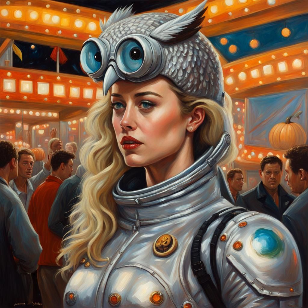 Woman in Spacesuit with Owl: Halloween Carnival Oil Painting