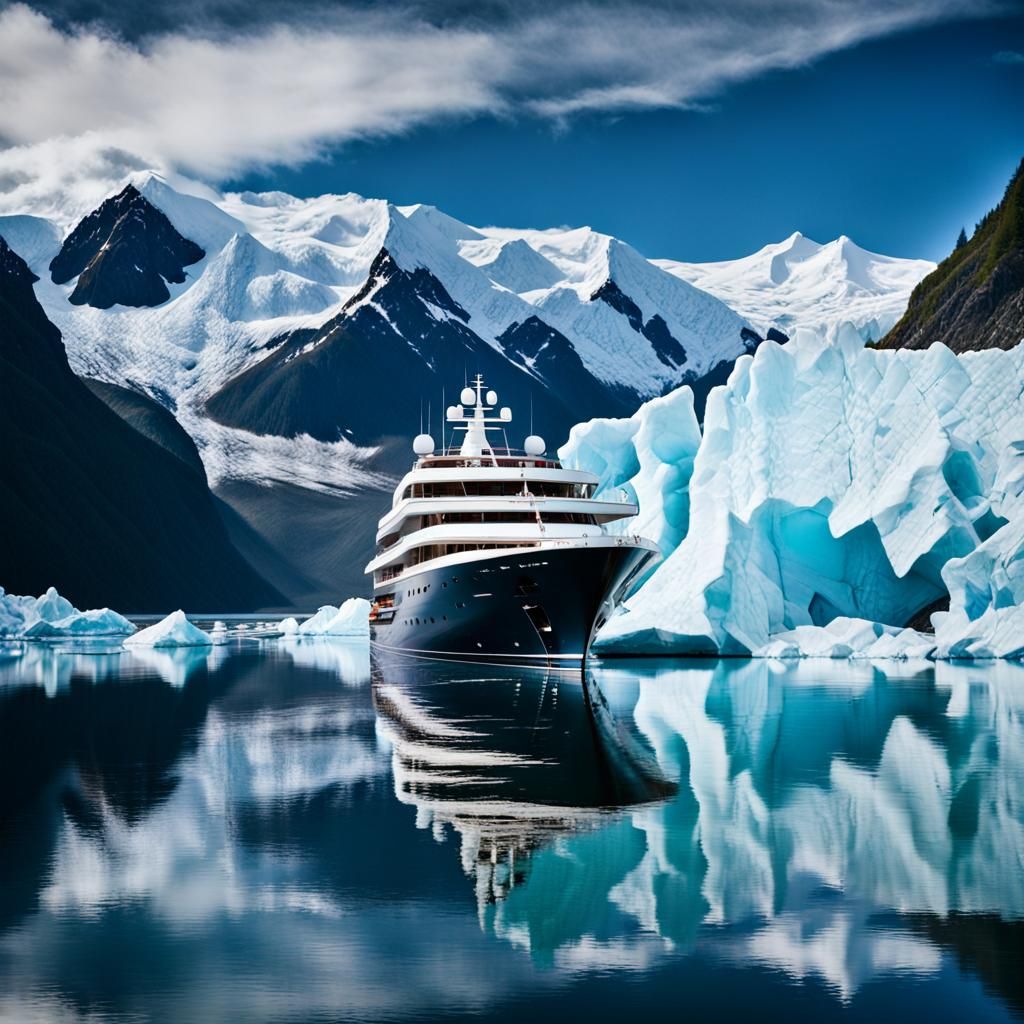 Luxury Yacht Anchored Near Glacier in Alaska