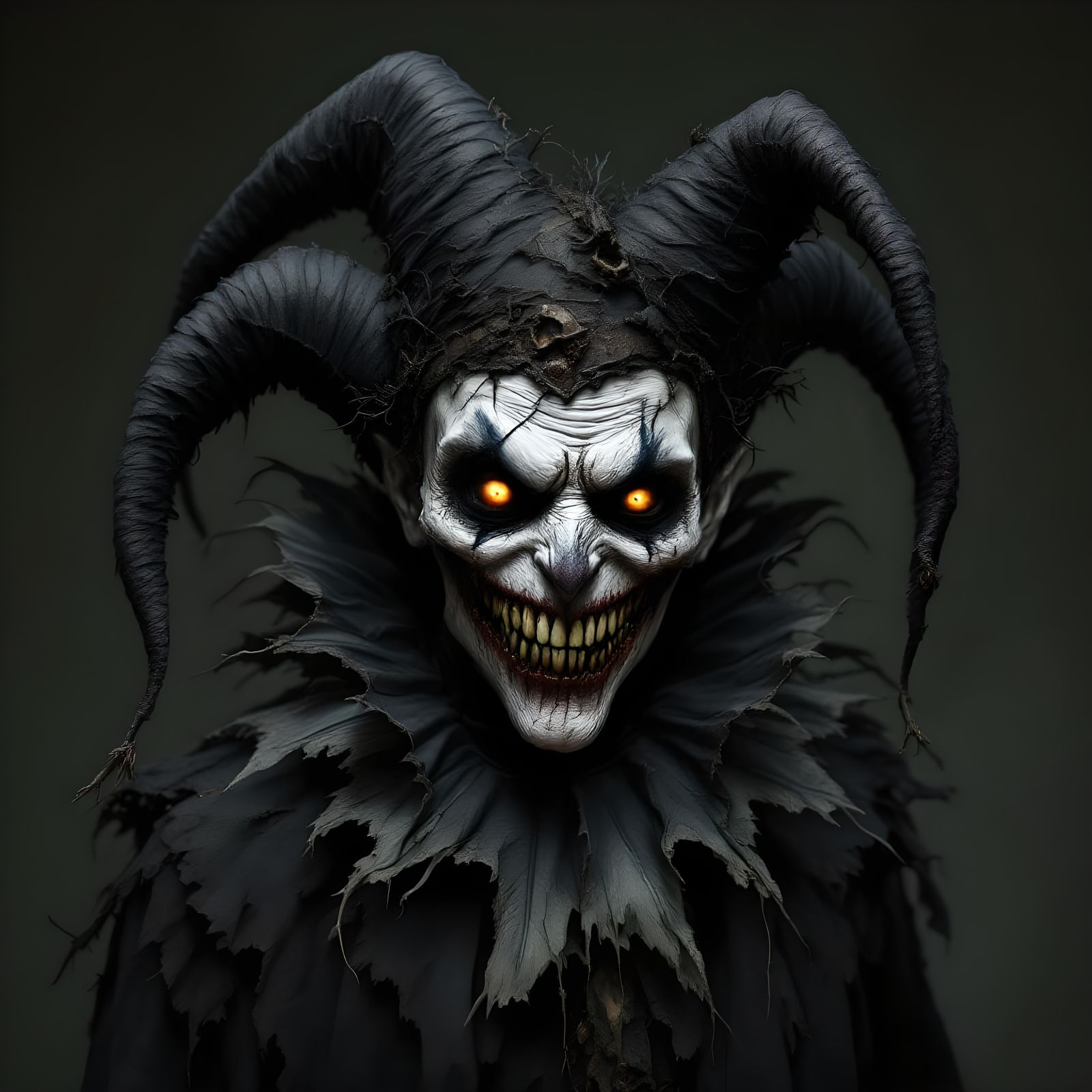 A haunting figure draped in tattered, midnight-black motley....