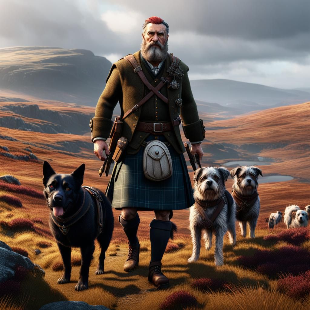 Scottish Laird with Dogs on Moorland in 3D Style