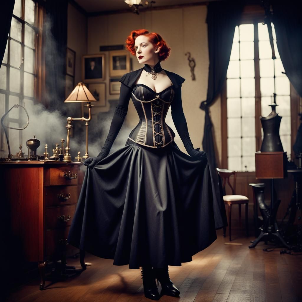 Vintage Redhead Adjusting Corset in Gothic Steampunk Style