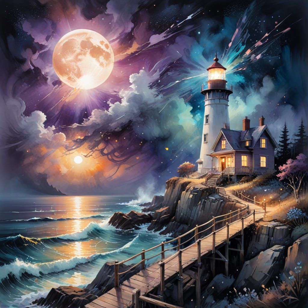 Cosmic Lighthouse Shining Under Starry Skies