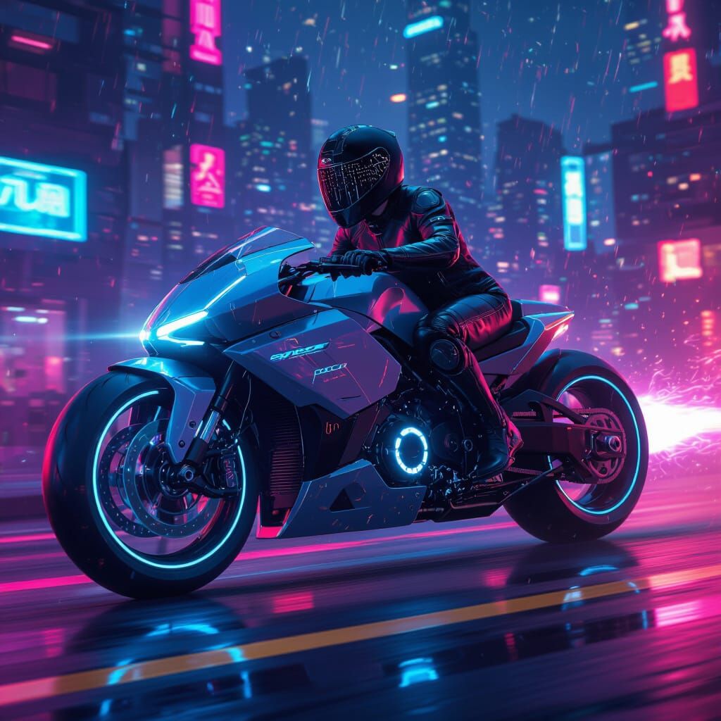Futuristic Biker Races Through Neon Cityscape