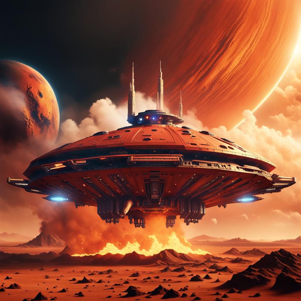 Spaceship Over Burning City on Mars