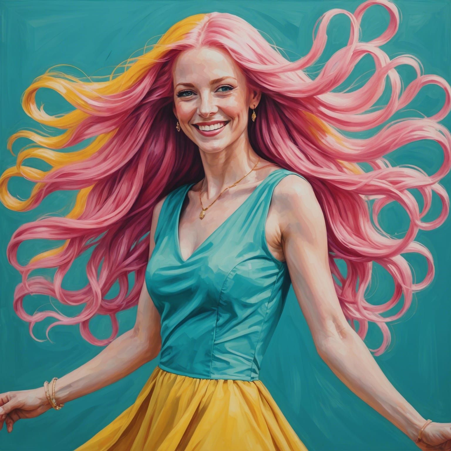 Dancing Woman with Pink Hair in Acrylic Art