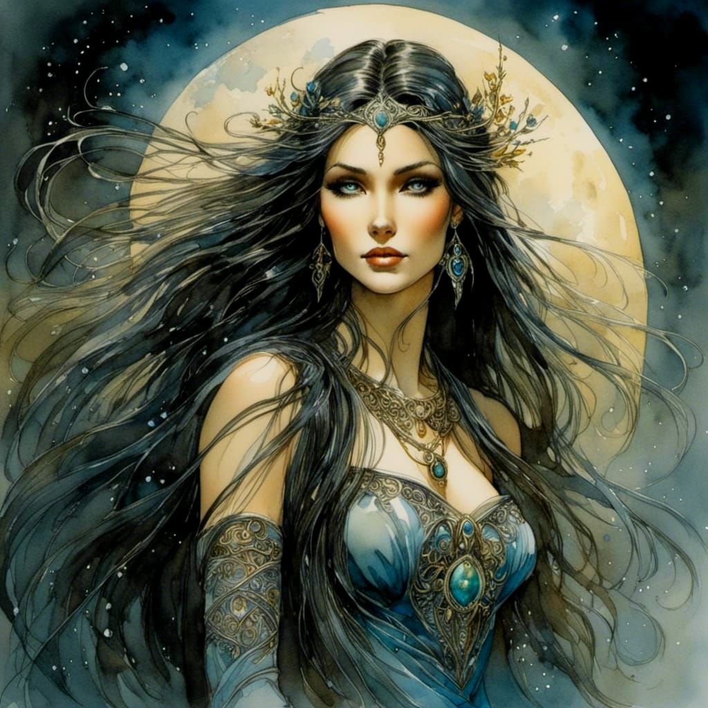 Elven Goddess in Dark Fantasy Watercolor Style