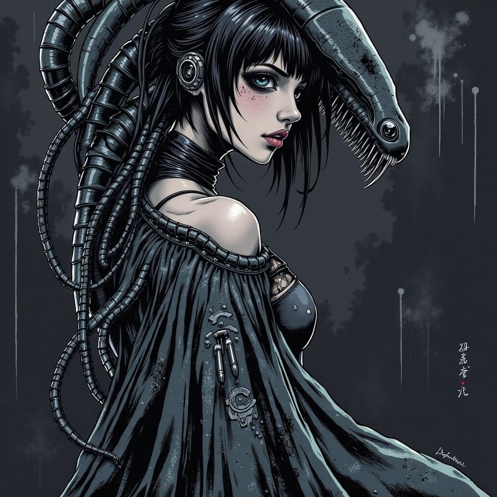 Cyborg Woman with Centipede Tattoos in Giger Style