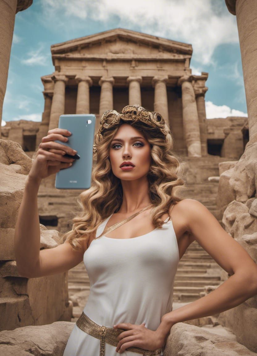 Gorgon taking a selfie, snakes in her hair looking into the ...