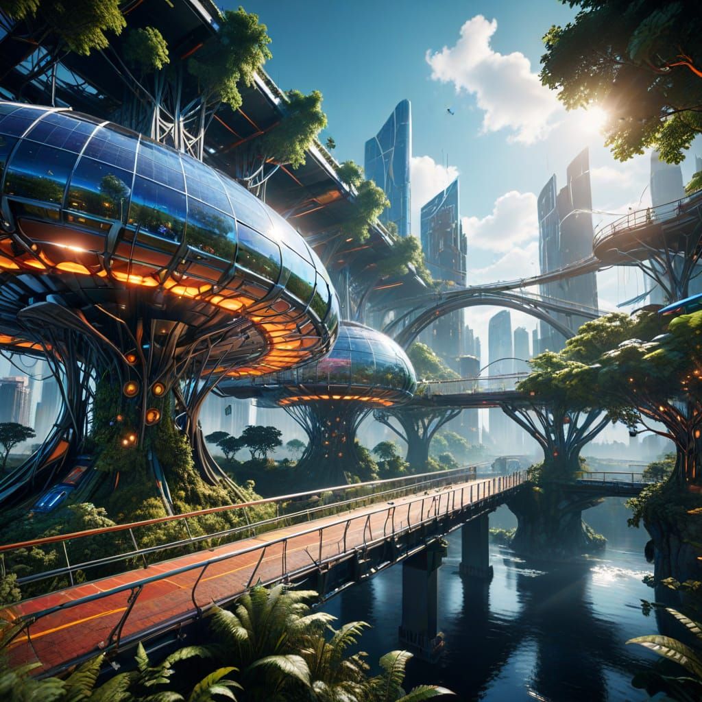 Vibrant Forest Canopy City with Interconnected Bridges and S...