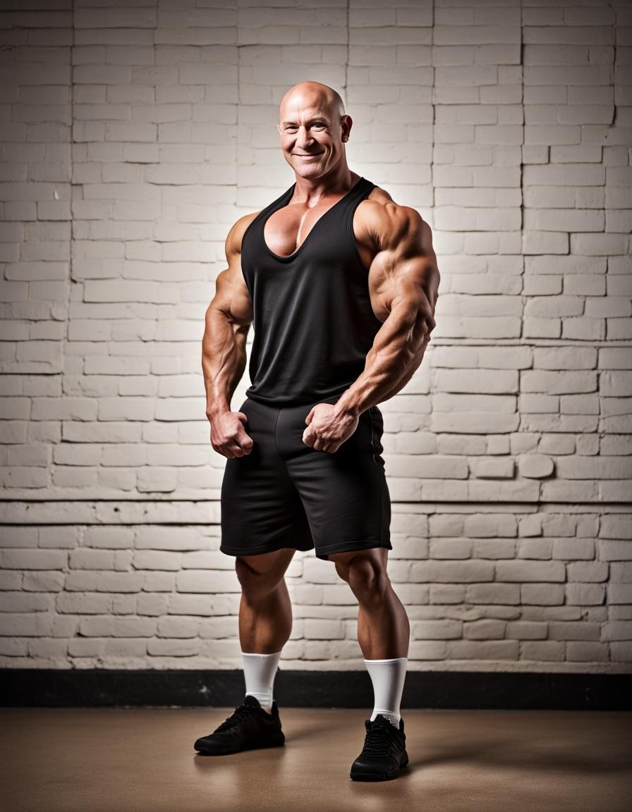 Muscular Bodybuilder Flexing Biceps in Gym Portrait