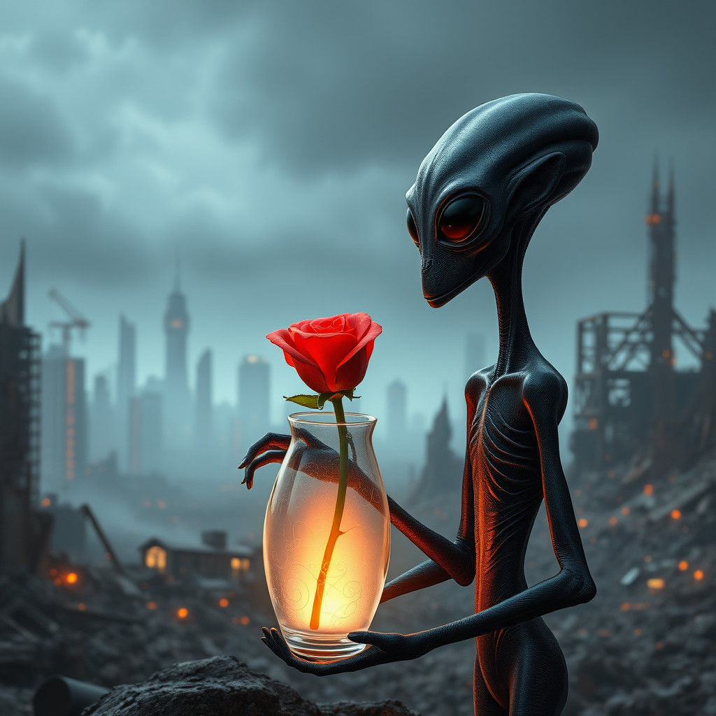 Alien Gazing at Rose in Ruined City